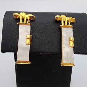 Vintage Mother of Pearl Golf Club Bag Gold Tone Screw Back Earrings